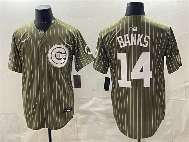 Men's Chicago Cubs #14 Ernie Banks Pinstripe Olive 2026 Armed Forces Day Salute To Service Stitched Baseball Jersey Men's Chicago Cubs #14 Ernie Banks Pinstripe Olive 2026 Armed Forces Day Salute To Service Stitched Baseball Jersey